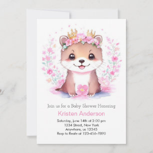 Pink Floral Otter Girl Baby Shower Invitation