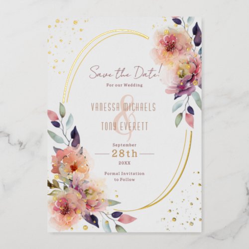 Pink Floral Oval Frame Wedding Save the Date Foil Invitation