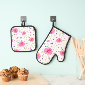 Pink Floral Oven Mitt And Pot Holder Set
