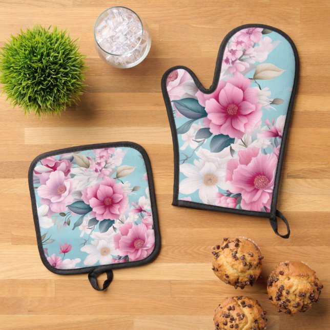 Pink Floral Oven Mitt & Pot Holder Set (Top Down)