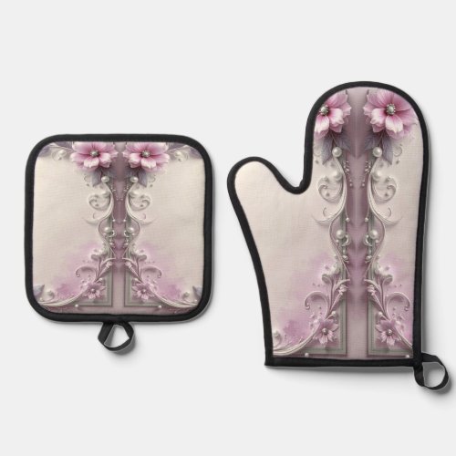 Pink Floral Oven Mitt & Pot Holder Set