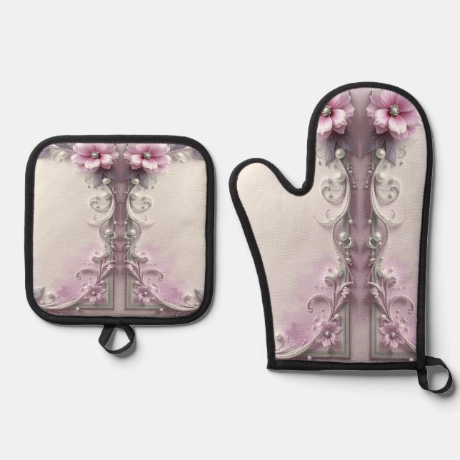 Pink Floral Oven Mitt & Pot Holder Set (Front)