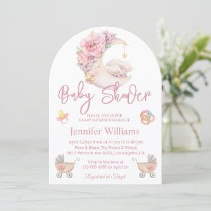 Pink Floral Over the Moon Girl Baby Shower Invitation