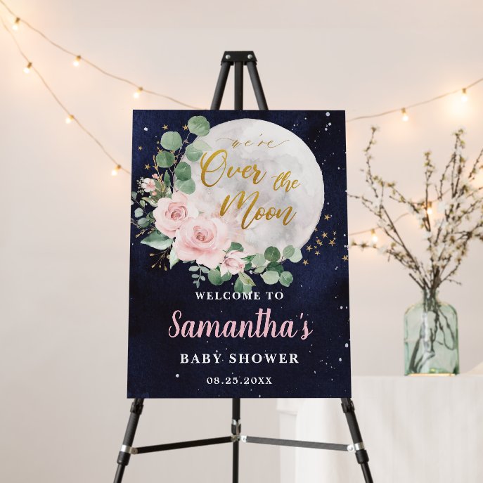 Pink Floral Over the Moon Girl Baby Shower                    Welcome Foam Board