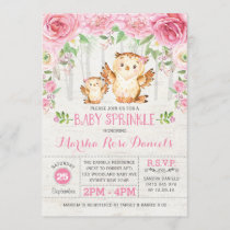 Pink Floral Owl Baby Girl Shower Invitation Forest
