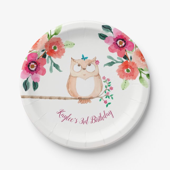 Pink Floral Owl Birthday Paper Plates (Front)