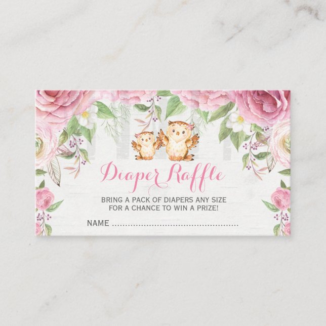Pink Floral Owl Mommy & Baby Diaper Raffle Ticket Enclosure Card (Front)