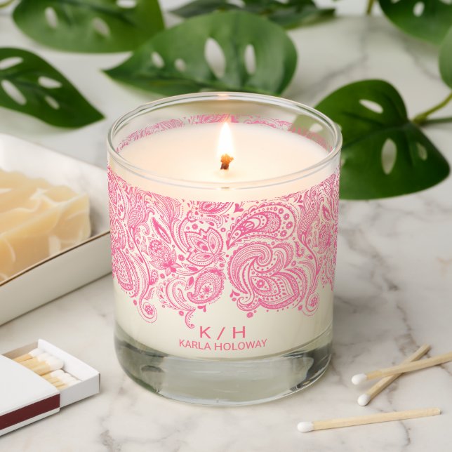 Pink Floral Paisley Custom Monogram Scented Candle (Lit)