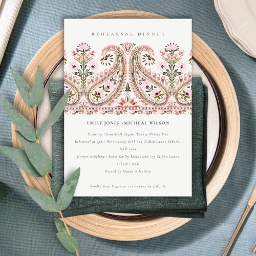Pink Floral Paisley Motif Rehearsal Dinner Invite