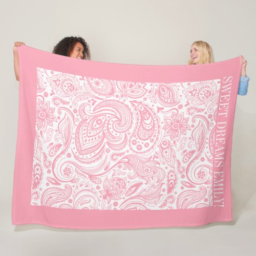 Pink floral paisley pattern on white fleece blanket