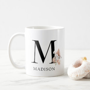 Pink Floral Palmetto Leaves Watercolor Monogram Coffee Mug