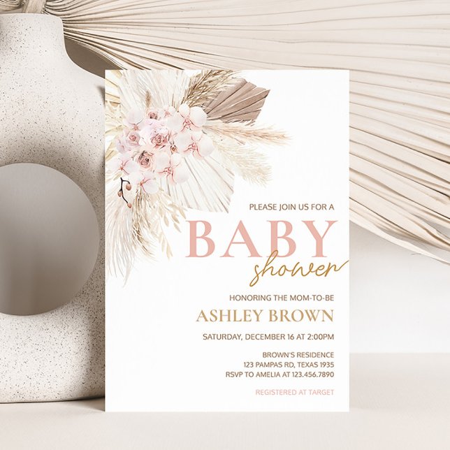 Pink Floral Pampas Boho Baby Shower  Invitation (Girl Pampas Grass Baby Shower Invitation)