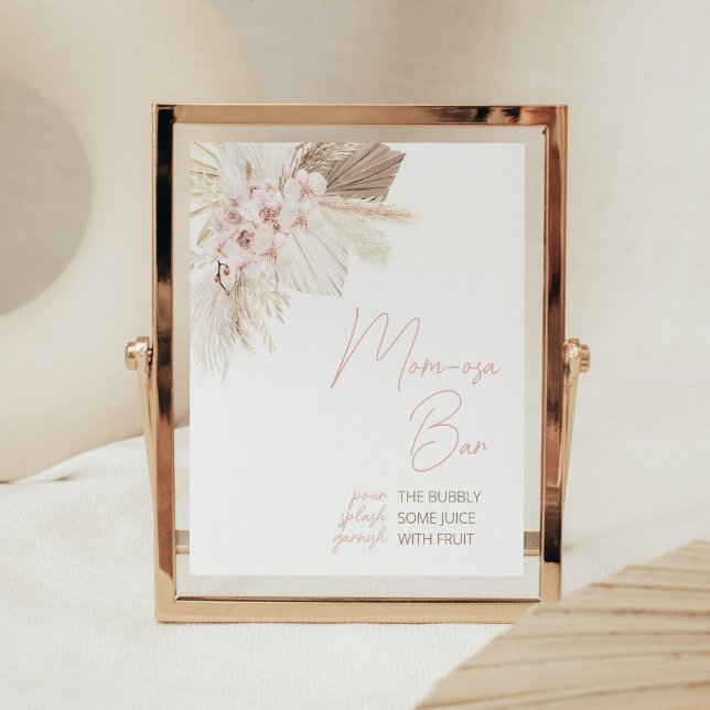 Pink Floral Pampas Boho Baby Shower Mom Osa Bar Poster (Girl Pampas Grass Baby Shower Mom Osa Bar Sign)