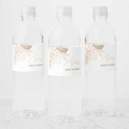 Pink Floral Pampas Boho Baby Shower Water Bottle Label