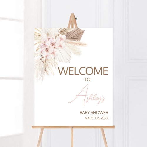 Pink Floral Pampas Boho Baby Shower Welcome Poster