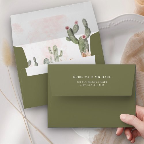 Pink Floral Pampas Cactus Green Wedding Envelope