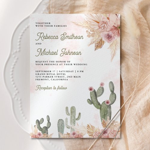 Pink Floral Pampas Cactus QR Code Photo Wedding Invitation