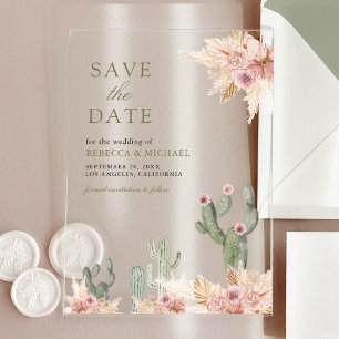 Pink Floral Pampas Cactus Wedding Save the Date Acrylic Invitations
