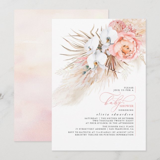 Pink Floral Pampas Grass Baby Shower Invitation (Front/Back)
