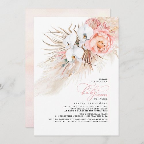 Pink Floral Pampas Grass Baby Shower Invitation