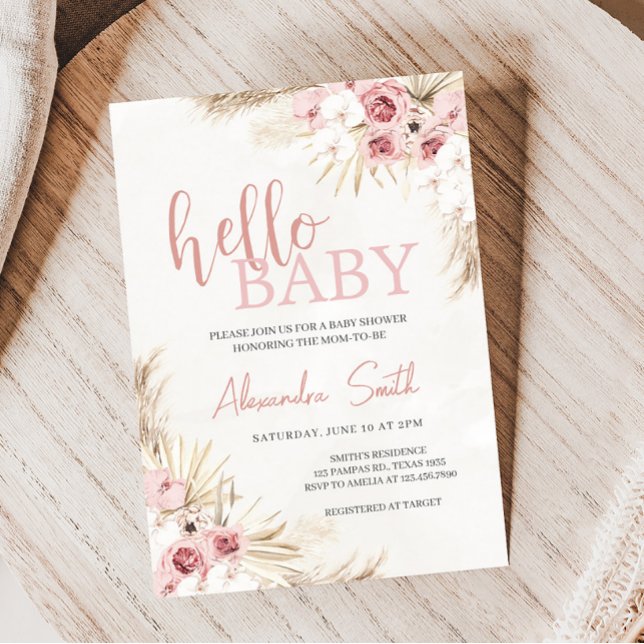 Pink Floral Pampas Grass Baby Shower  Invitation (Boho Baby Shower Invitation)