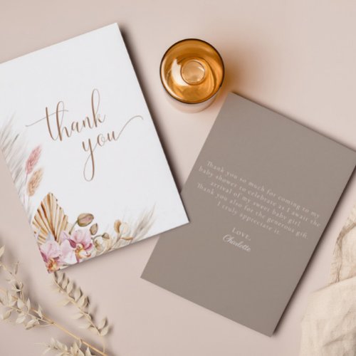 Pink Floral Pampas Grass  Baby Shower  Thank You Card