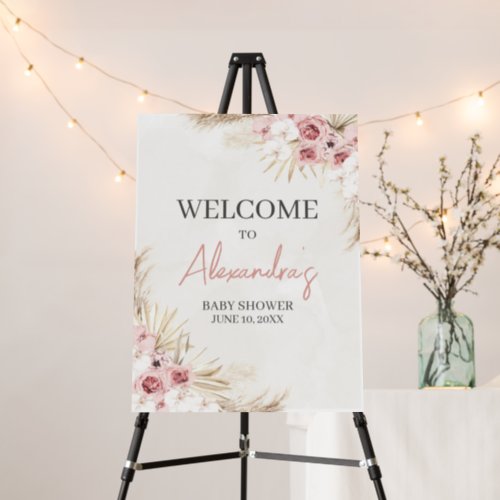 Pink Floral Pampas Grass Baby Shower Welcome Sign