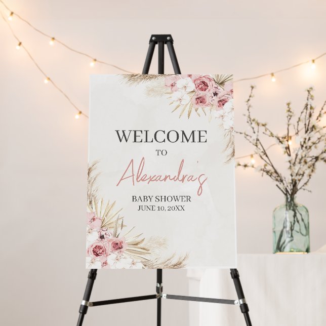 Pink Floral Pampas Grass Baby Shower Welcome Sign (In Situ (Stand))