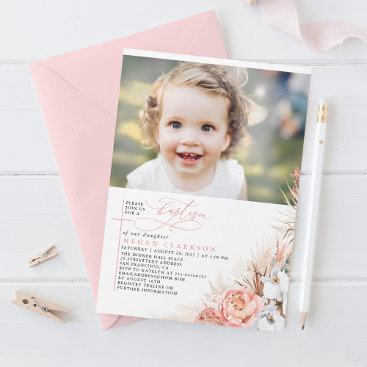 Pink Floral Pampas Grass Baptism Photo Invitation