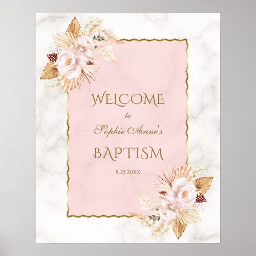 Pink Floral Pampas Grass Baptism Welcome Sign