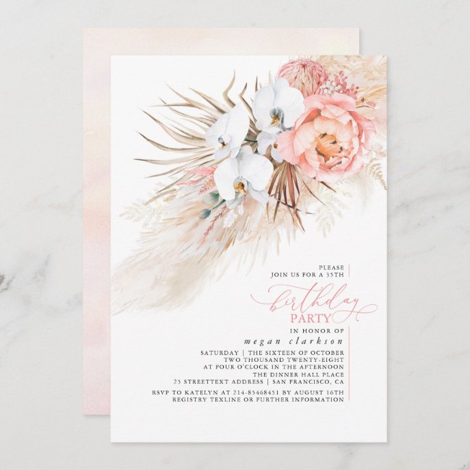 Pink Floral Pampas Grass Birthday Party Invitation
