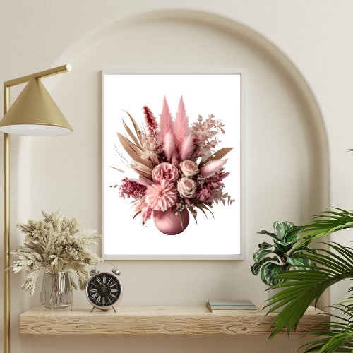 Pink Floral Pampas Grass Boho Flowers in Vase Poster