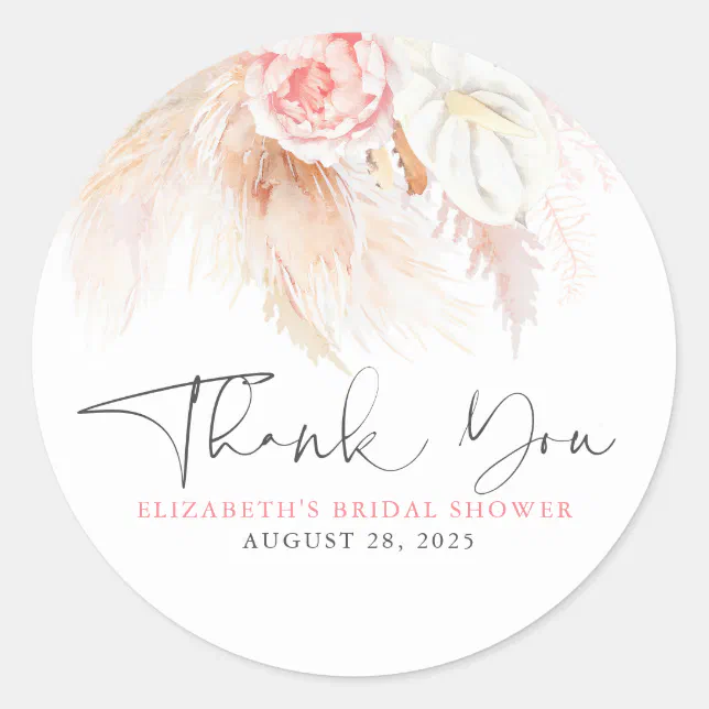 Pink Floral Pampas Grass Boho Thank You Classic Round Sticker | Zazzle