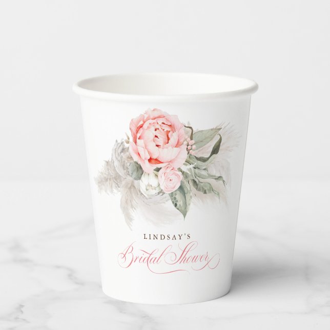 Pink Floral Pampas Grass Bridal Shower Boho Paper Cups (Back)