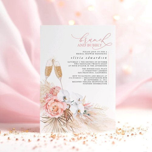 Pink Floral Pampas Grass Brunch and Bubbly Invitation