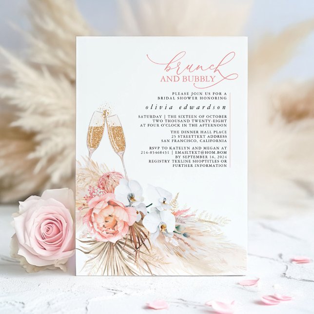 Pink Floral Pampas Grass Brunch and Bubbly Invitation (Boho Bridal Shower Invitations)