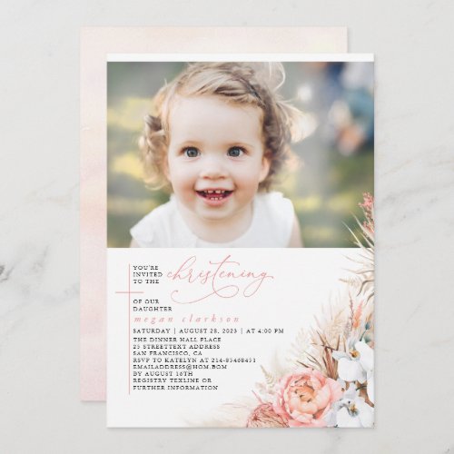 Pink Floral Pampas Grass Christening Photo Invitation