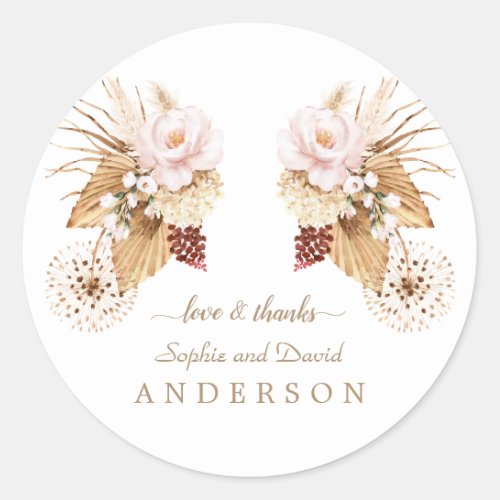 Pink Floral Pampas Grass Dried Palm Leaves Wedding Classic Round Sticker