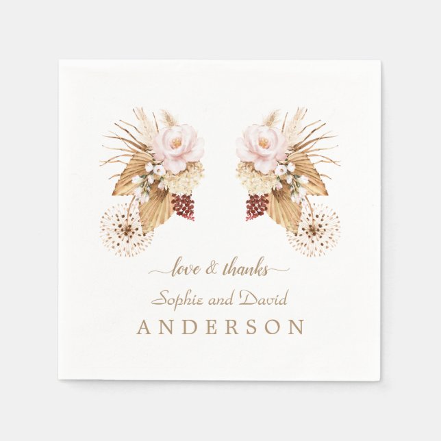 Pink Floral Pampas Grass Dried Palm Leaves Wedding Napkins (Front)