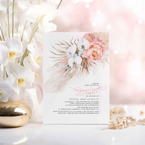 Pink Floral Pampas Grass Engagement Party Invitation