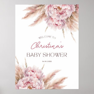 Pink Floral Pampas Grass Girl Baby Shower Welcome Poster