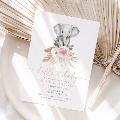 Pink Floral Pampas Grass Girl Elephant Baby Shower Invitation