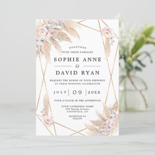 Pink Floral Pampas Grass Gold All In One Wedding  Invitation