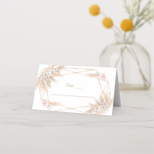 Pink Floral Pampas Grass Gold All In One Wedding  Place Card