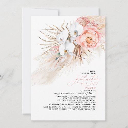 Pink Floral Pampas Grass Graduation Party Invitation