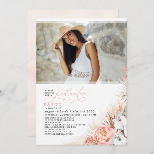 Pink Floral Pampas Grass Graduation Photo Invitation