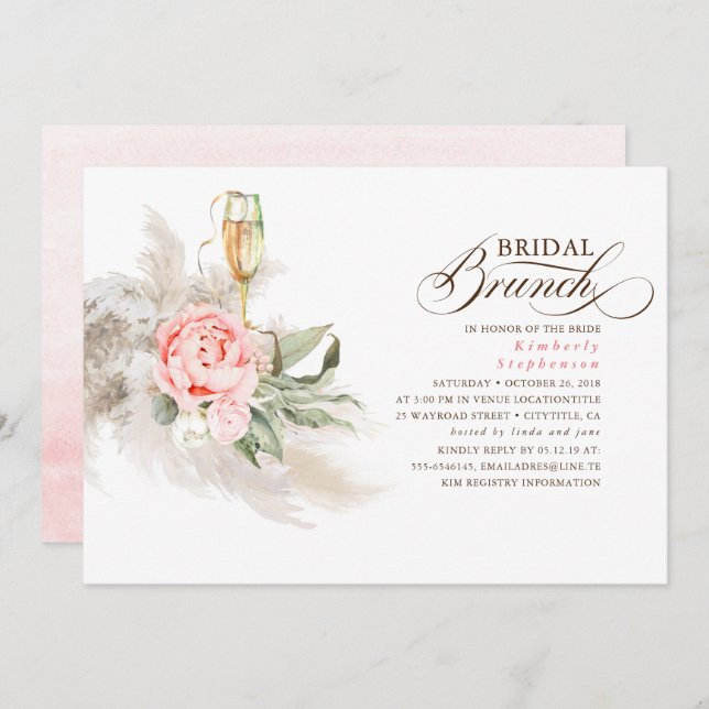 Pink Floral Pampas Grass Greenery Bridal Brunch Invitation (Front/Back)