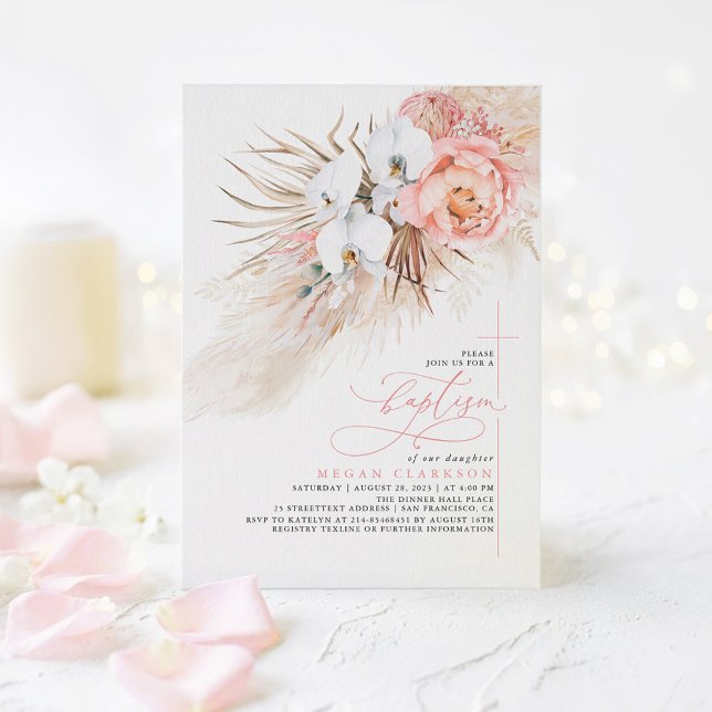 Pink Floral Pampas Grass Modern Baptism Invitation (Boho Floral Botanical Baptism Invitations )