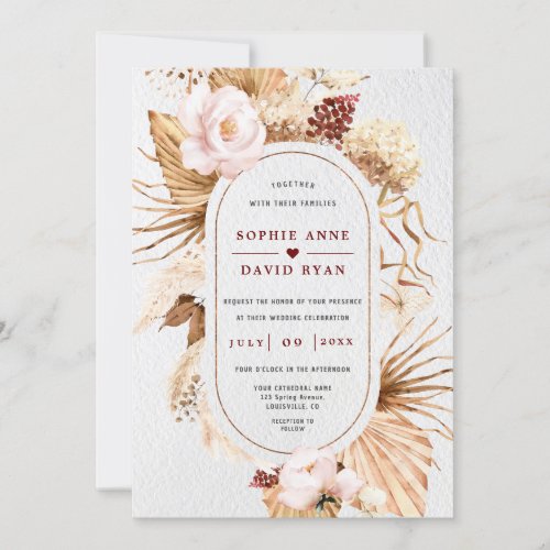 Pink Floral Pampas Grass Palm Leaves All In One  Invitation