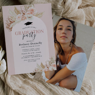 Pink Floral Pampas Grass Photo Graduation Invitation